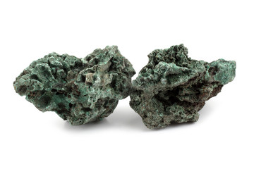 Raw malachite stones isolated on white. Cu2CO3(OH)2