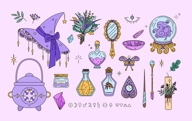 Witchcraft collection in line style. Isolated set of sorcery and wizard elements. Kit for good witch - hat, small cauldron, magic wands, crystal ball. Idea for fairy badges, stickers, print