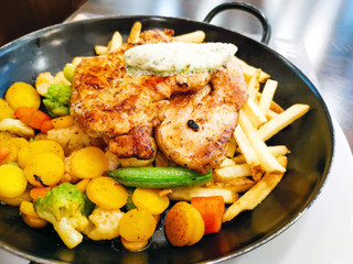 juicy steak beef meat with tomato and potatoes