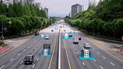 Computer graphic image of an electric vehicle or hydrogen-electric vehicle driving on the road