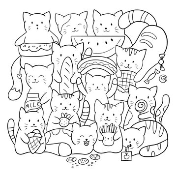 Doodle coloring page for children and adults. Cute kawaii vector cats with food and sweets. Black and white illustration.