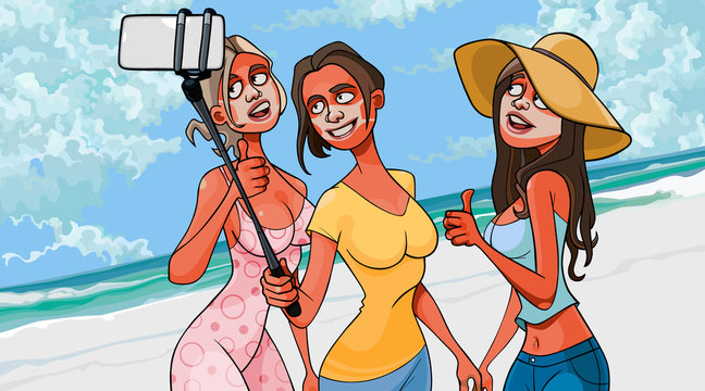 cartoon girls with not tanned traces of medical masks on their faces are photographed on the beach
