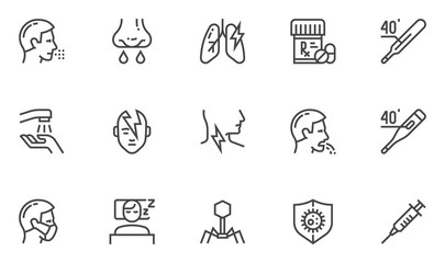 Symptoms of Colds, Flu, and Food Poisoning Vector Line Icons. Headache, Vomiting, Fever, Cough, Runny Nose. Treatment and Prevention of Viral Diseases. Editable Stroke. 48x48 Pixel Perfect.