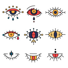 Evil eyes set in hand drawn style. Occult, magic and esoteric symbols, line art collection. Decorative kit about providence sight, sacred signs and karma. Mystic amulets, talismans for tattoo