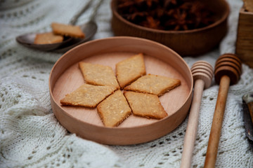 Homemade cookies on the table. Baking background. Food, cooking, flour products.