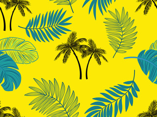 Fototapeta na wymiar Vector seamless tropical pattern with palm tree and leaves on yellow background. Vector floral illustration for textile, print, wallpapers, wrapping.