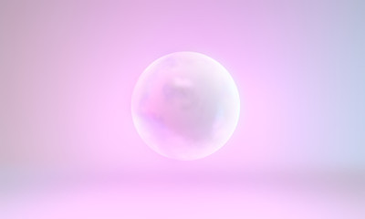 Pearlescent 3d sphere with iridescent texture on pastel background looks like flying pearl in vaporwave style