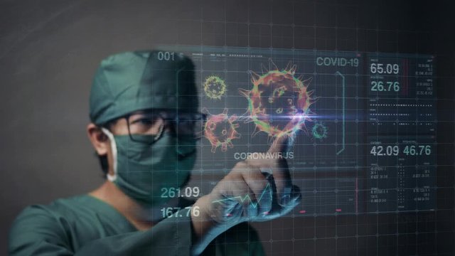 Surgeon Scientist Touching Screen for Accessing Coronavirus COVID-19 Data. Future Medical Concept.