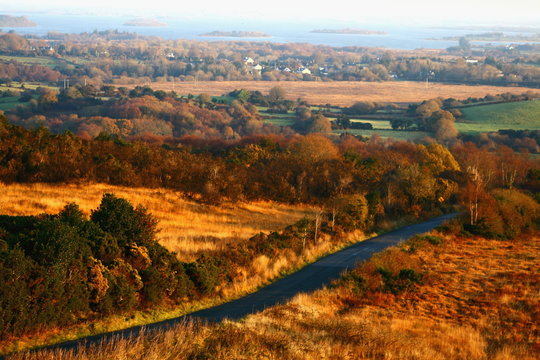 colourful autumn view over Lough Corrib and the local villages and forests, Connemara, Galway, Ireland