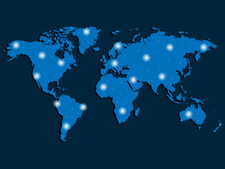World map with spotlights on dark blue background