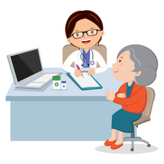 Female doctor with senior woman. Medical Consultation between doctor and her patient at desk.