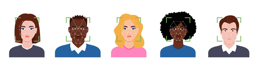 Facial recognition technology. Faces of people scanned on screen.