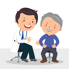 Male doctor examining patient. Vector illustration of a friendly male doctor examining senior man.