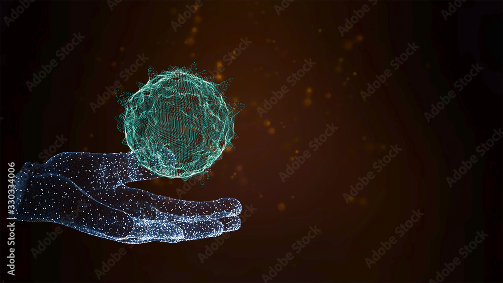 Poster 3d render of abstract background with animation of dangerous virus in abstract human hands.