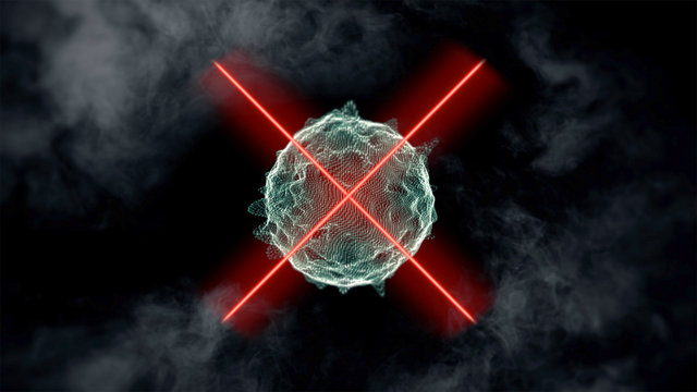 Unexpected outbreak of deadly virus. 3d render of green dreadful virus cell on dark smoky background crossed with red lase cross.