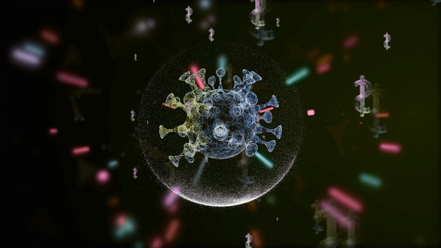 3d render of germ inside a transparent bubble attacked by laser particles over dark background with dollar icons floating around.