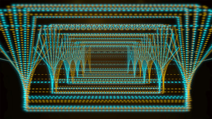 Abstract rectangles transforming into strange hypnotic structure with glitch effect.