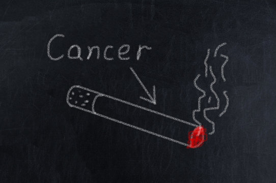 A drawing of a cigarette and the word cancer on a chalkboard