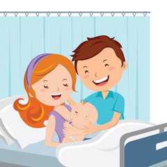 Maternity ward. Happy parent with their newborn baby. Mother breast feeding her baby.