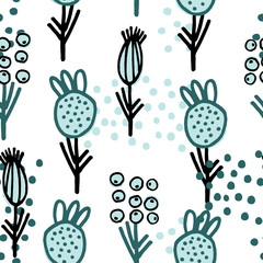 Seamless pattern. Hand drawn flowers, inflorescences, burdocks, berries on white background. Pine needle and mint green color palette