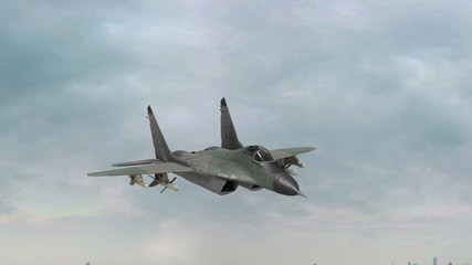 Tactical Fighter With Missiles Flies Over the City