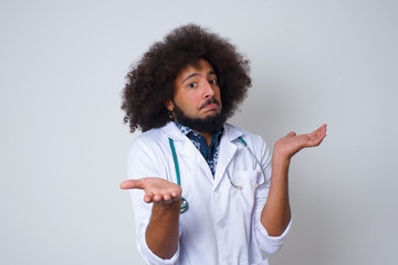 African American doctor man doubt expression, confuse and wonder concept, uncertain future...