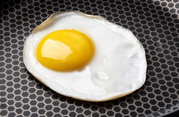 Closeup photo of fried egg on the pan surface