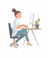 Office worker designer women with computer working in flat style