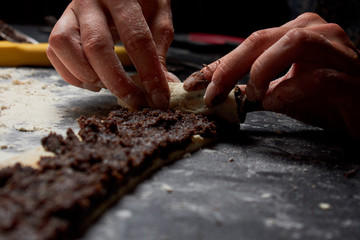 Baker prepares homemade cakes. Professional Female cook sprinkles dough with flour, prepared for baked bread