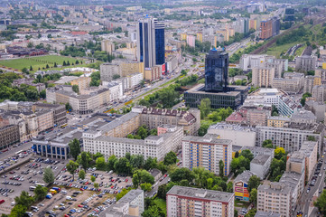Aerial view in Warsaw, capital city of Poland with Atlas Tower and Warta Tower