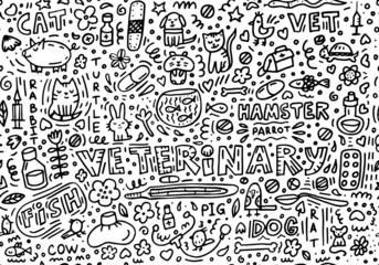 Doodle about veterinary. cat, dog, hamster, parrot, rabbit, pig, cow, hare, fish, medications, fonendoskop, syringes, thermometer, mouse, rat, turtle, plaster, aquarium, hot-water bottle