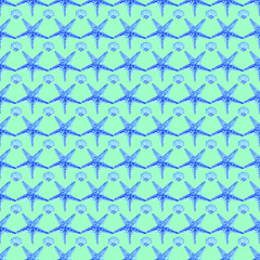 Watercolor seamless pattern with starfish isolated on blue background. Hand painted nautical illustration.