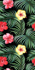 Seamless pattern with tropical branches and hibiscus flowers on black background. Watercolor illustration.