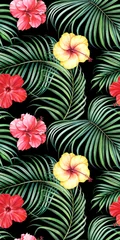Zelfklevend Fotobehang Seamless pattern with tropical branches and hibiscus flowers on black background. Watercolor illustration. © Oleksandra