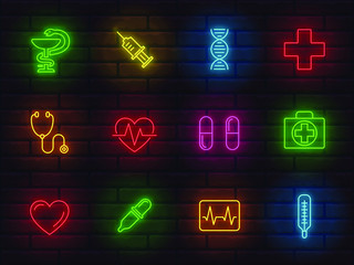 medical topic colorful neon icons set on a brick wall background. collection of signs symbols icons red blue yellow green pink orange color