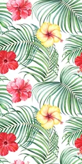  Seamless pattern with tropical branches and hibiscus flowers on white background. Watercolor illustration. © Oleksandra