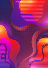 Creative background with flowing color wave and striped shapes against a halftone background. Template for the design of the banner, cover, business card, illustration, landing page.