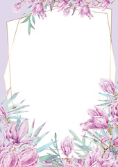 Fototapeta na wymiar Wedding Invitation, floral invite modern card template with light pink magnolia flowers. Elegant, watercolor hand painted flowers