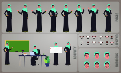 Arab Woman Teacher or Professor character Set. Collection of character body Poses, facial gestures, teaching activities and Lip syncs poses. Ready-to-use and animate, character set. Vector.