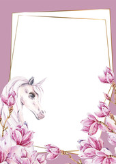 Wedding Invitation, floral invite modern card template with light pink magnolia flowers, unicorns. Elegant, watercolor hand painted flowers