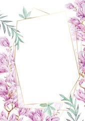 Wedding Invitation, floral invite modern card template with light pink magnolia flowers. Elegant, watercolor hand painted flowers