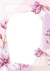 Wedding Invitation, floral invite modern card template with light pink magnolia flowers. Elegant, watercolor hand painted flowers