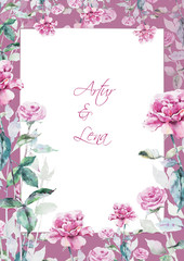 Fototapeta na wymiar Wedding Invitation, floral invite modern card template with light pink flowers, leaves. Elegant, watercolor hand painted flowers