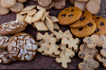 Homemade cookies on the table. Baking background. Food, cooking, flour products.