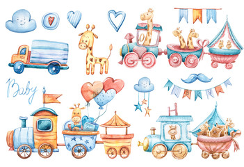 Watercolor cute fantasy giraffes, car, locomotive, flag garland set. Fairytale Illustration on white background, perfect for pattern, print, fabric, greeting card, wedding invitation, scrapbooking