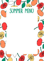 Summer Menu design template with place for your text. Hand-lettered title. Hand drawn frame decoration with apples. White background