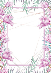Wedding Invitation, floral invite modern card template with light pink magnolia flowers. Elegant, watercolor hand painted flowers