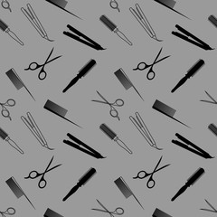 Naklejka premium Seamless pattern with barber tools on grey background: round comb, hairbrush, scissors and hair iron