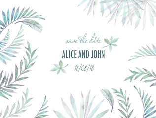 Wedding Invitation, floral invite modern card template with tropical leaves. Elegant, watercolor hand painted flowers