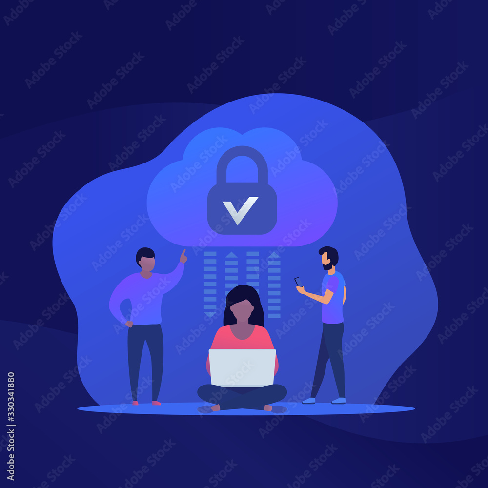 Poster secure cloud access and protected hosting vector illustration with people